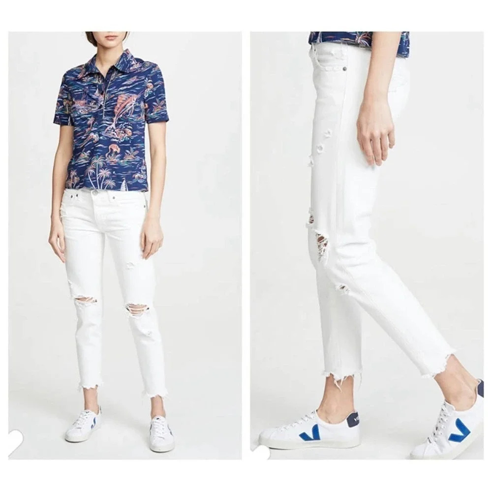 Moussy Vintage Distressed White Denim Jeans Button Fly Size 28 New NWT Raw Hem